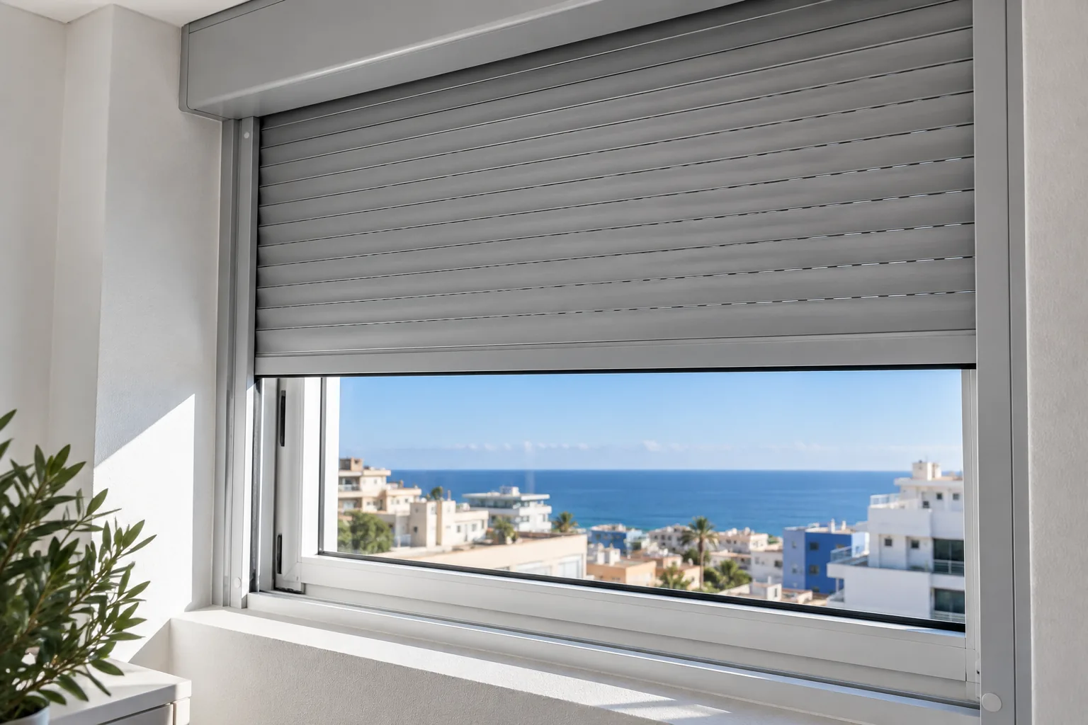 Persiana enrollable de aluminio, cajón y guías ajustados al marco de una ventana