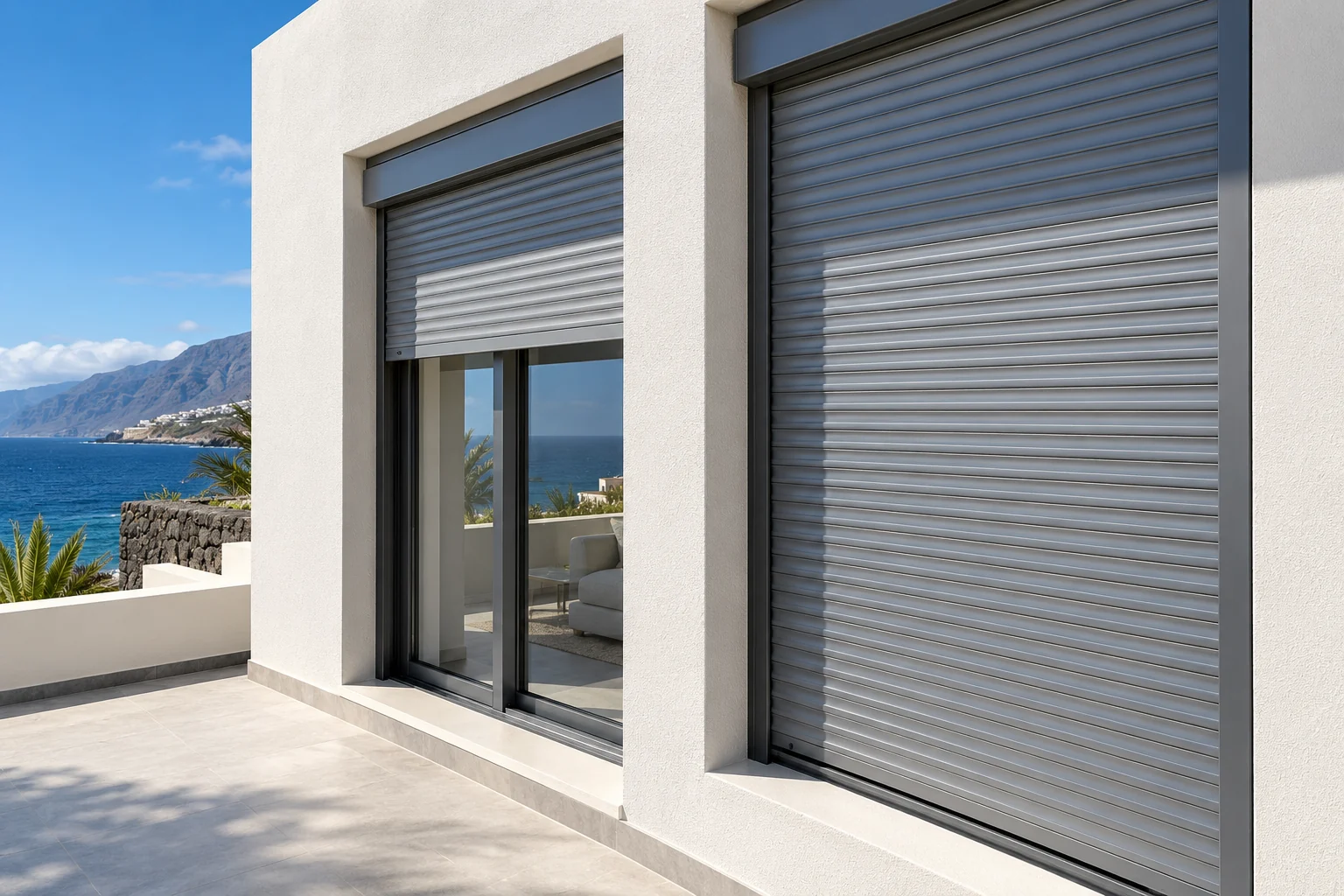 Ventanas con persianas enrollables de aluminio en una vivienda costera, fachada de vivienda